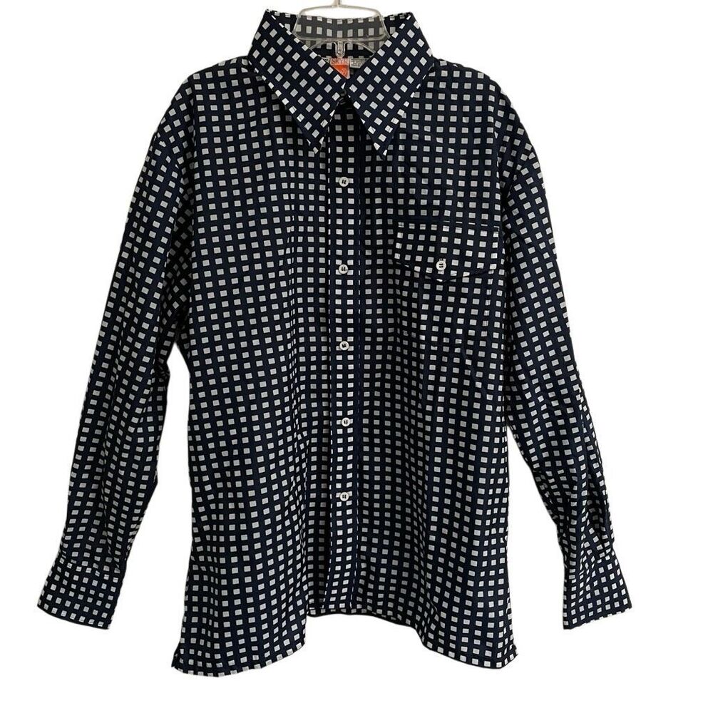 Vintage SKYR Navy check ski shirt mens L 100% nylon long sleeve button up hippie